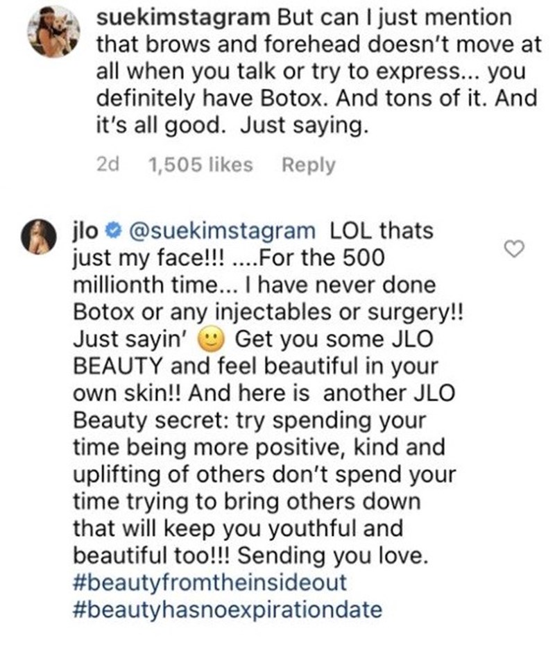 Η απάντηση της Jennifer Lopez σε follower που την κατηγόρησε ότι έχει κάνει πολλά botox - εικόνα 1