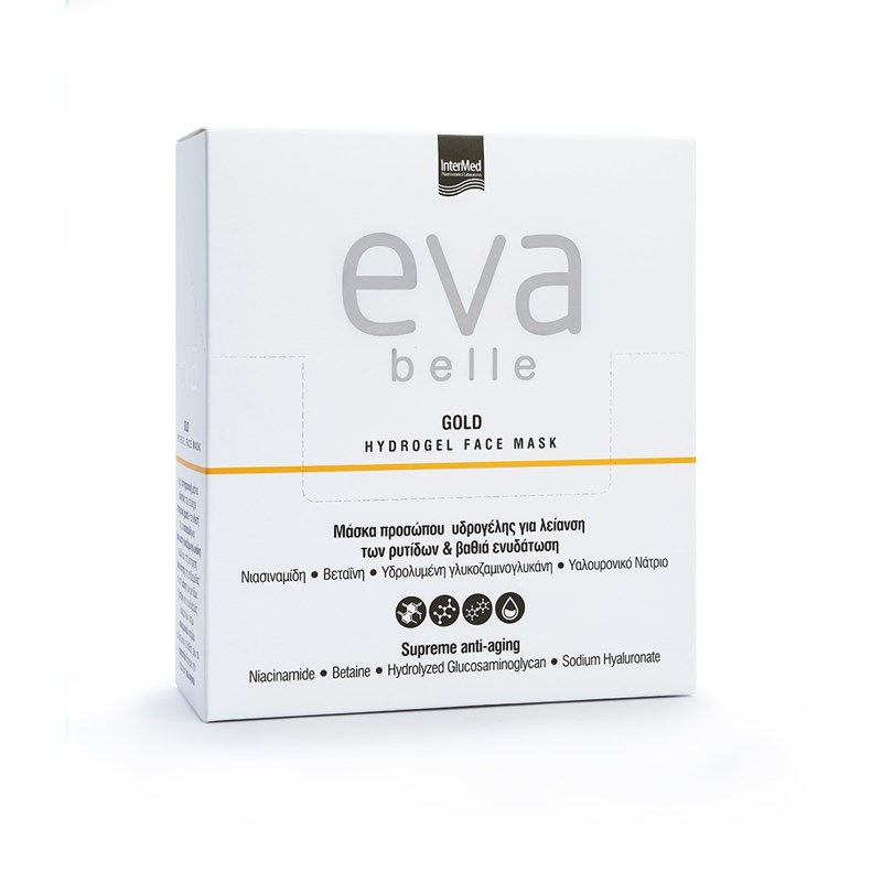 Συσκευασία του προϊόντος Eva Belle GOLD HYDROGEL FACE MASK της InterMed.