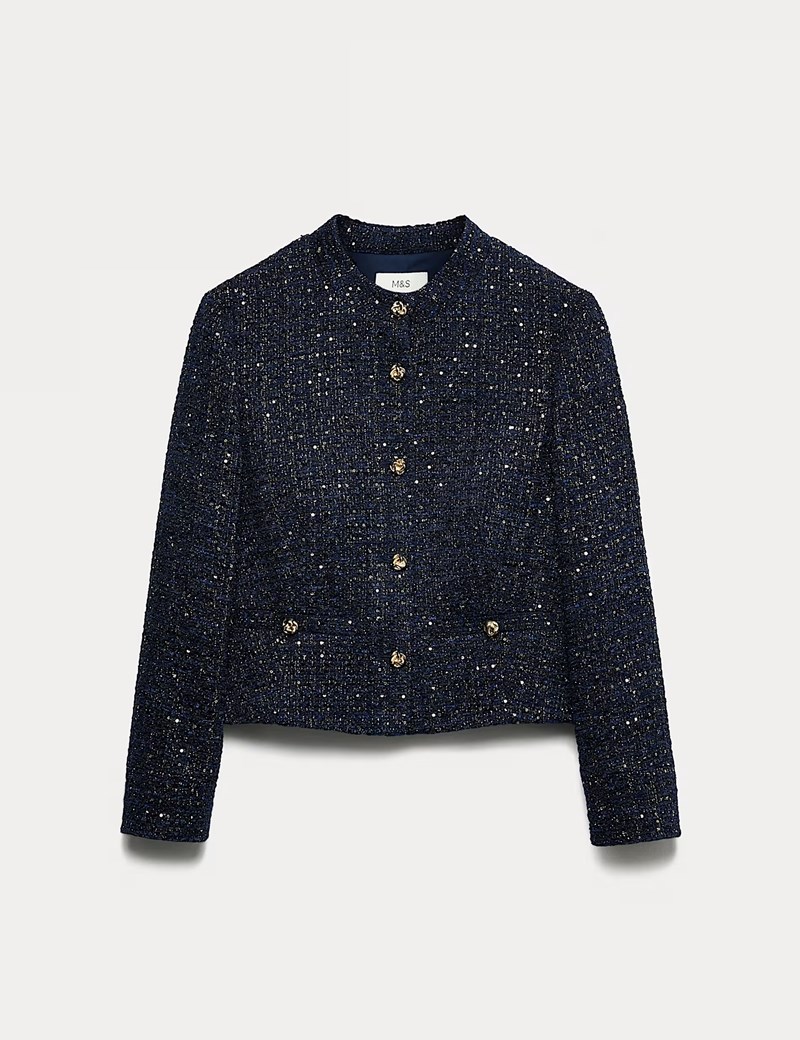 Μάλλινο τουίντ σακάκι χωρίς γιακά με ιριδίζουσα όψη