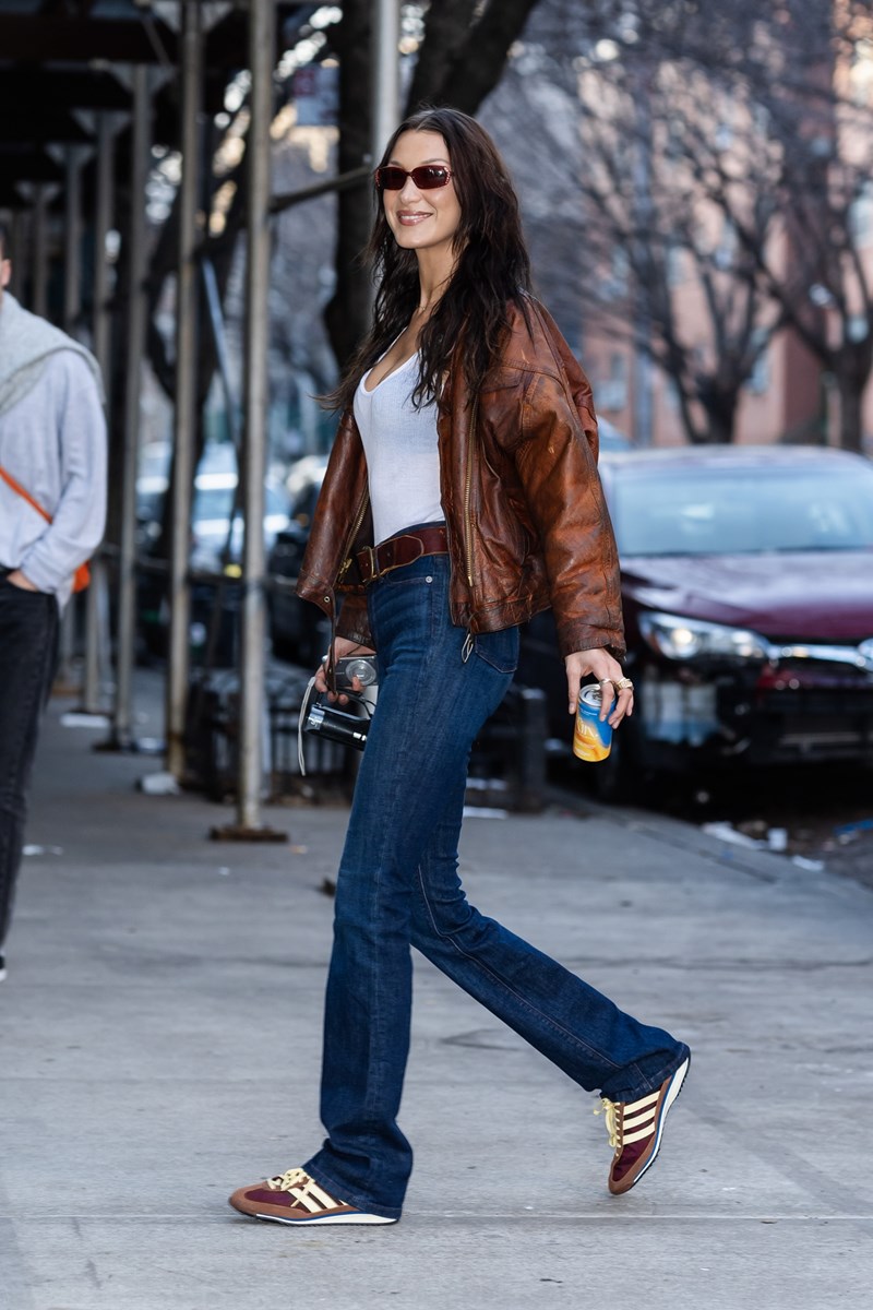 NEW YORK, NEW YORK - FEBRUARY 09: Bella Hadid visits the LES Girls Club wearing Adidas SL 72’s in the Lower East Side on February 09, 2024 in New York City.