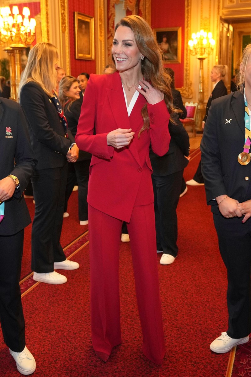 Britain's Catherine, Princess of Wales, meets members of the England Women's rugby team at Windsor Castle on January 15, 2026 in Windsor, United Kingdom. The Princess of Wales hosted the team as Patron of the Rugby Football Union to celebrate their World Cup victory in September 2025.