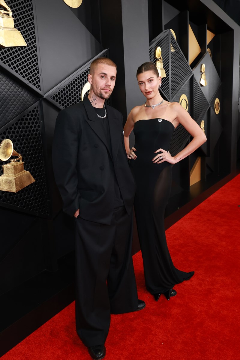 Justin Bieber and Hailey Bieber attend the 68th GRAMMY Awards on February 01, 2026 in Los Angeles, California.