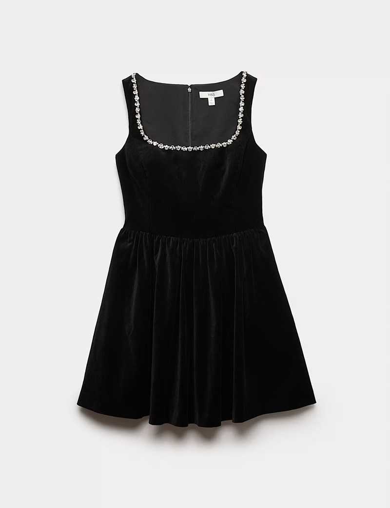 Cotton Rich Velvet Embellished Mini Skater Dress M&S
